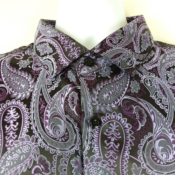 Hi-Tie Button Front Shirt Party Date Night Club L/S Collar Purple Black Paisley - Picture 2 of 6